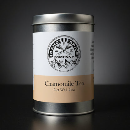 Idaho Spice Company chamomile tea canister on a dark background