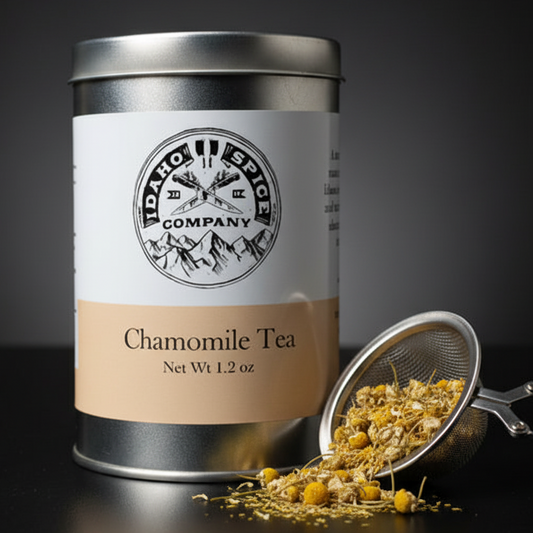 Chamomile tea canister with a strainer and tea leaves on a dark background
