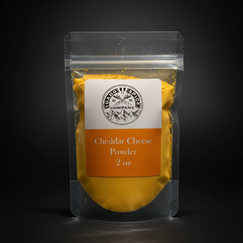 Packaged Cheddar Cheese Powder on a wooden surface with a black background