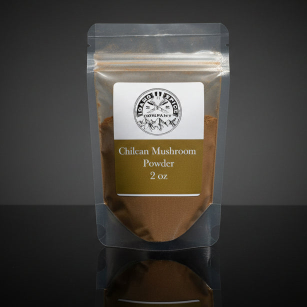 Packaged Chilean Mushroom Powder with a label on a dark background