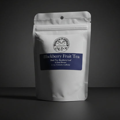 White tea bag packaging with a label on a dark background
