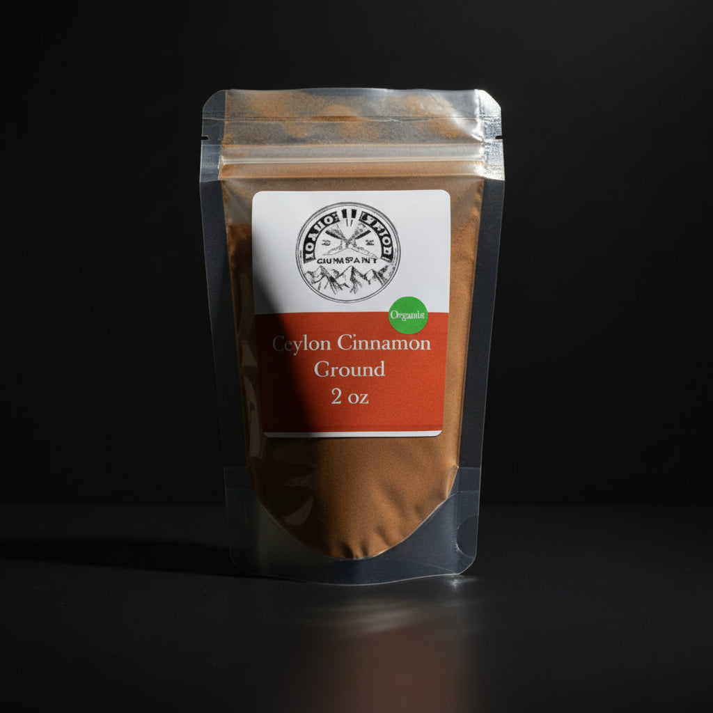 Packaged ground Ceylon cinnamon on a black background