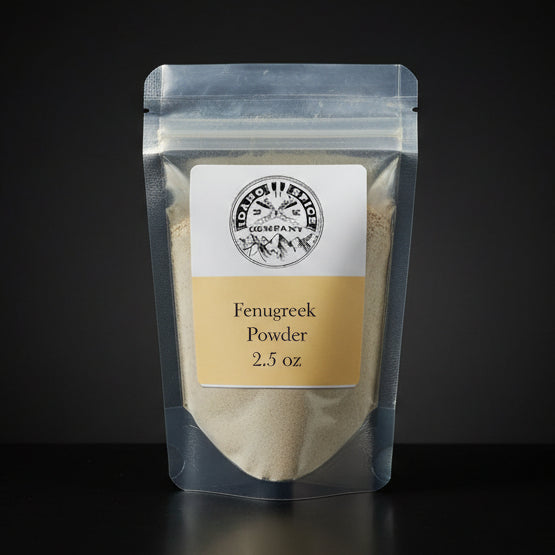 Packaging of fenugreek powder with a label on a dark background