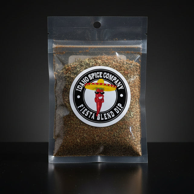 Packaged Fiesta Blend Dip from Idaho Spice Company on a black background