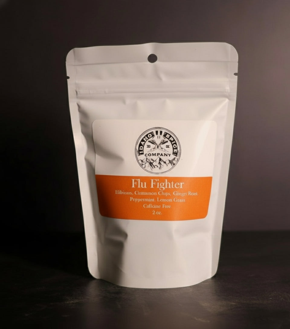 White packaging of 'Flu Fighter' with an orange label on a dark background