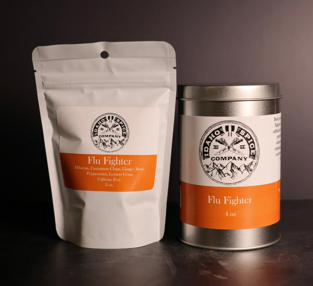 Flu Fighter product packaging by Idaho Spice Company on a dark background