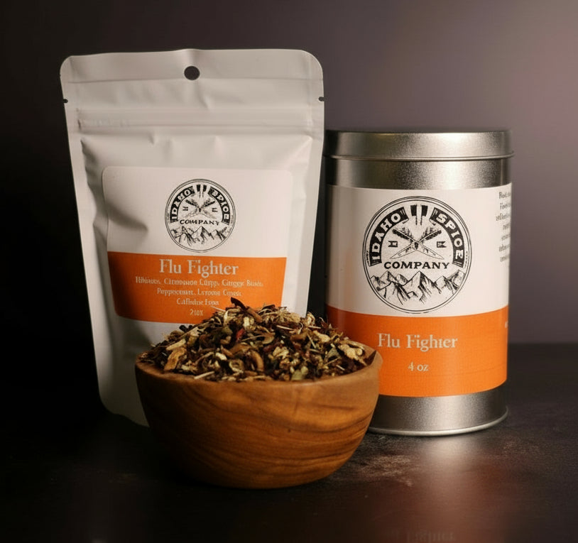 Flu Fighter tea packaging including a bag, canister, and wooden bowl with tea leaves on a dark background.