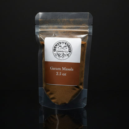 Packaged Garam Masala with a label on a black background