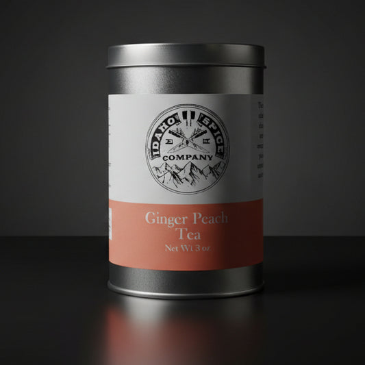 Tea canister with label on a dark background