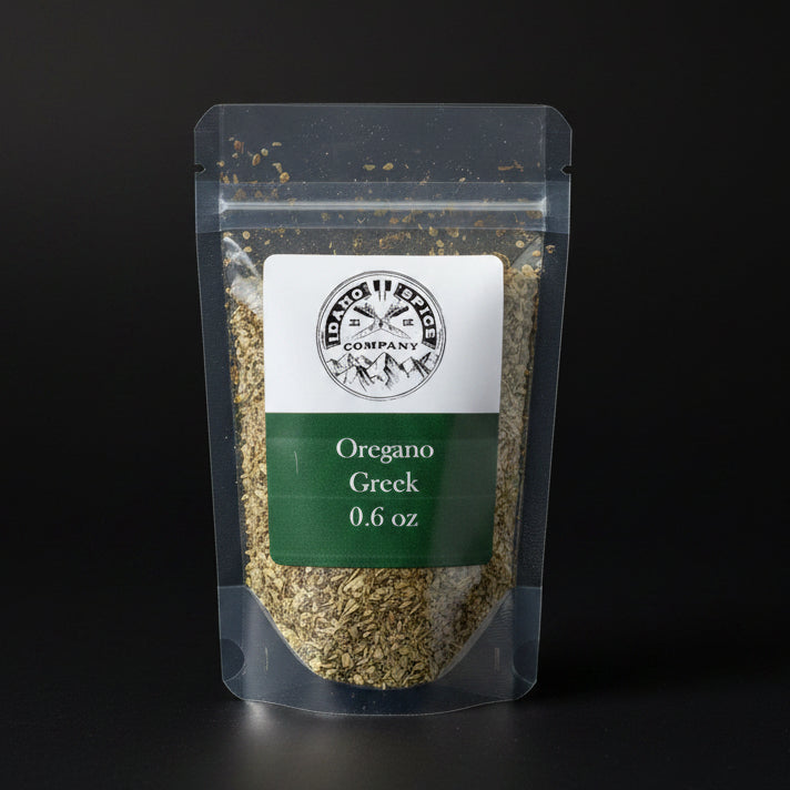 Packaged oregano with a label on a black background