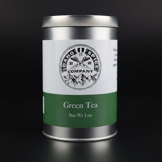 Tea canister with Idaho Spice Company logo on a black background