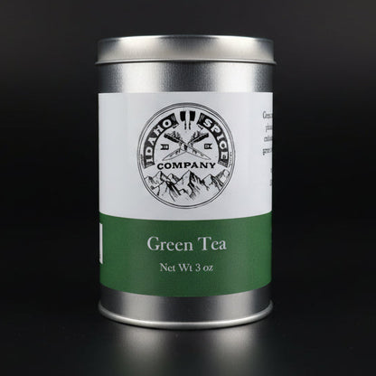 Tea canister with Idaho Spice Company logo on a black background