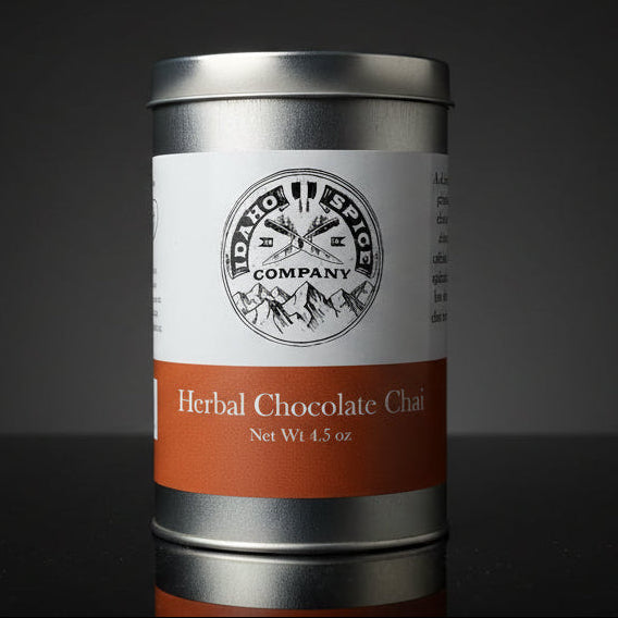 Tin of Idaho Spice Company Herbal Chocolate Chai on a dark background