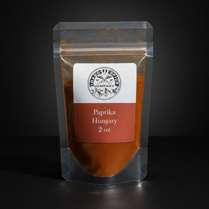 Paprika package with a label on a dark background