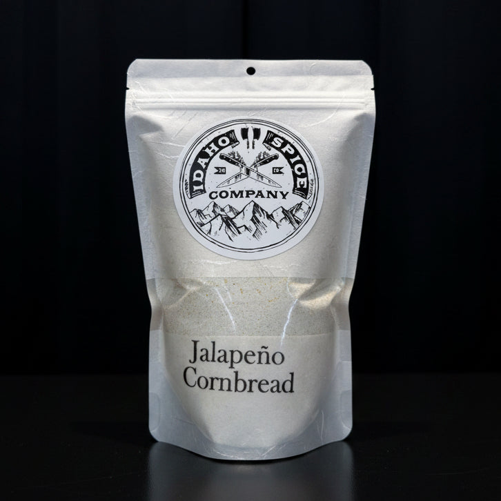 Idaho Spice Company jalapeño cornbread package on a black background