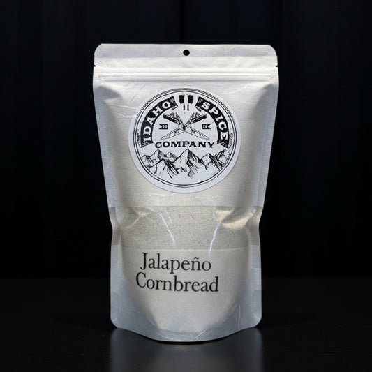 Idaho Spice Company jalapeño cornbread package on a black background