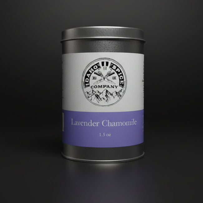 Tin of Idaho Spice Company Lavender Chamomile on a dark background