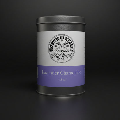 Tin of Idaho Spice Company Lavender Chamomile on a dark background