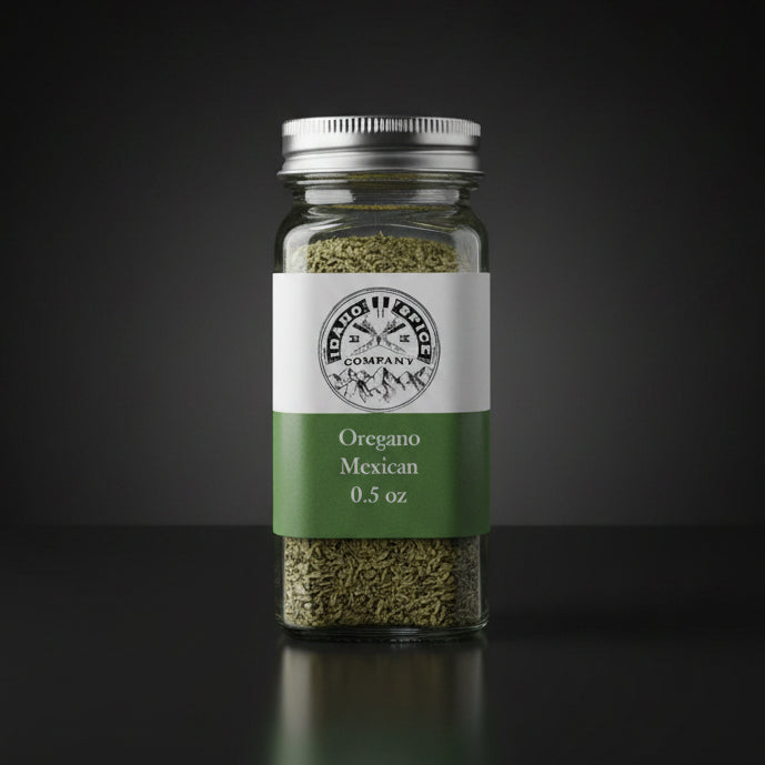 Spice jar labeled 'Oregano Mexican' with a black and white label on a dark background