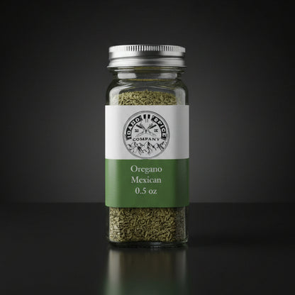 Spice jar labeled 'Oregano Mexican' with a black and white label on a dark background