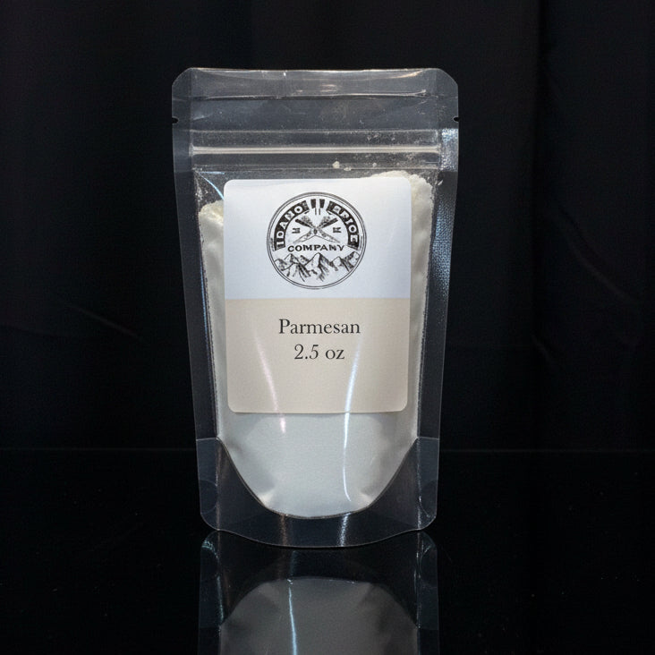 Packaged Parmesan cheese with a label on a black background