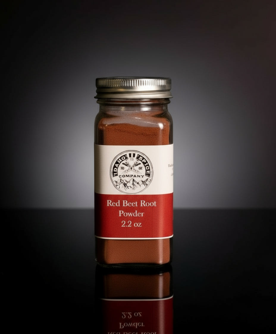 Jar of red beet root powder with a label on a dark background