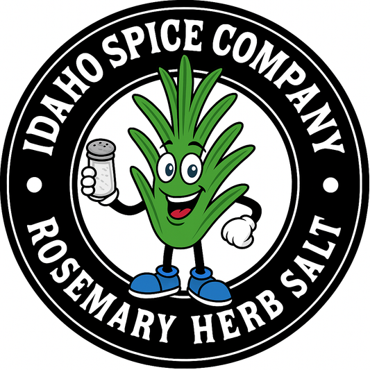 Logo of Idaho Spice Company with a cartoon rosemary character holding a salt shaker.