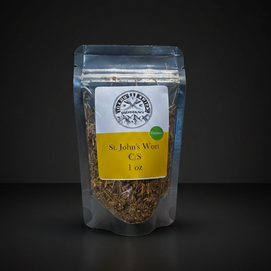Packaged St. John's Wort on a wooden surface