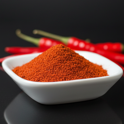 White bowl of red chili powder with red chili peppers on a black background