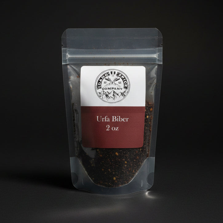 Clear packaging of Urfa Biber pepper with a label on a black background