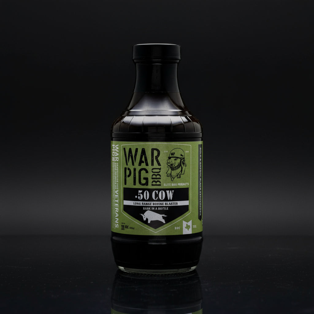 Bottle of War Pig Bro .50 Cow with a green label on a white background