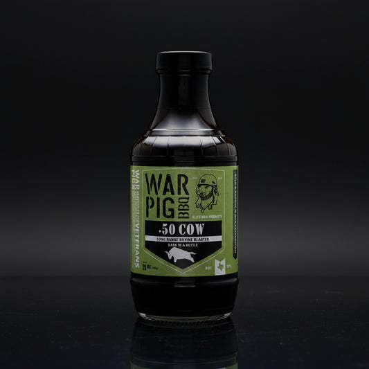 Bottle of War Pig Bro .50 Cow with a green label on a white background