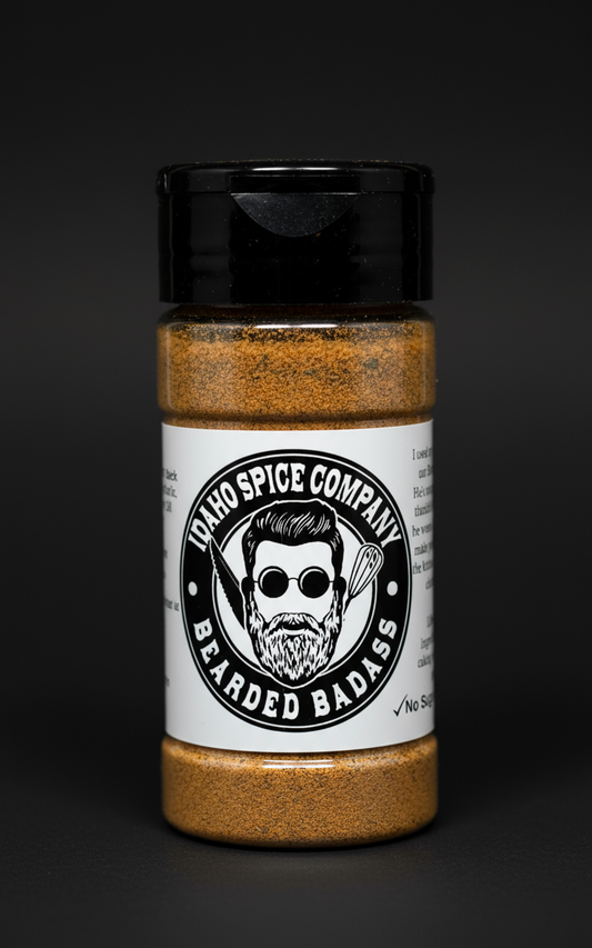 Spice jar labeled 'Idaho Spice Company Bearded Badass' on a black background