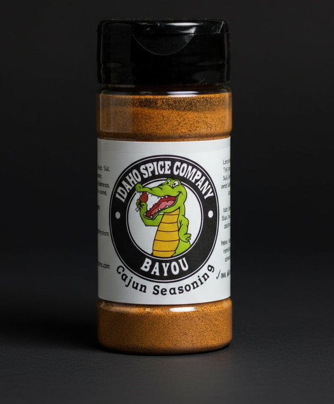 Bottle of Idaho Spice Company Bayou Cajun Seasonings on a gray background